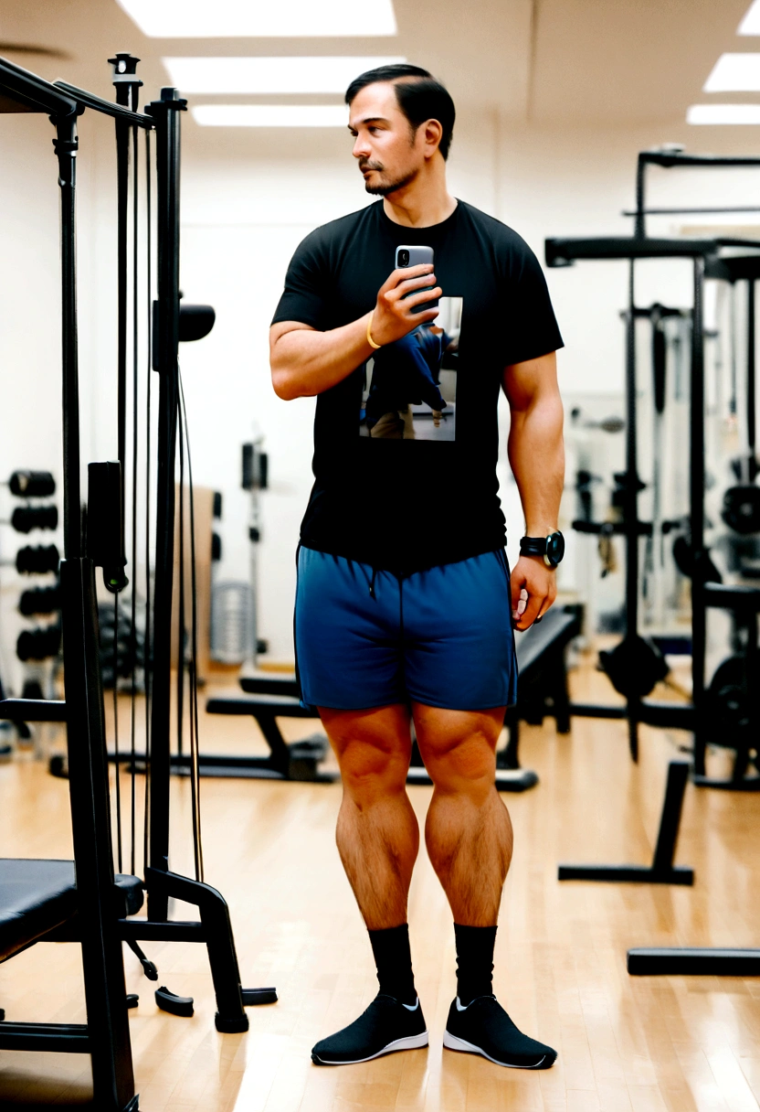 There's a man standing in a room with a cell phone in his hand, Photo adjustment, Full-body image, Jovem com short, very low quality image, blurry image, in a gym, thicc, stood in a lab, full body photo of steve, full body profile camera shot, in good physical shape, wearing shorts and t shirt, very accurate photo