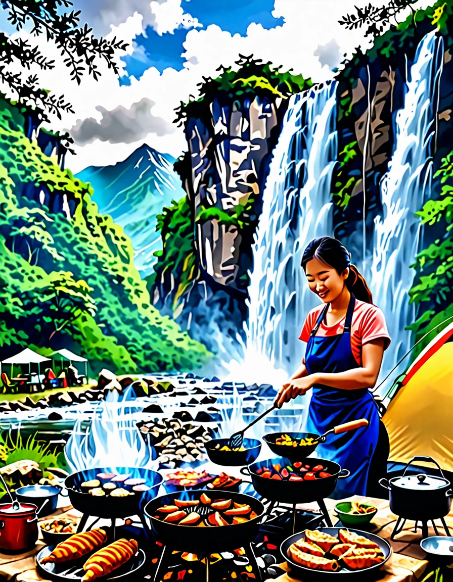 a women cooking food with eagg and grill bqq, background river forest waterfall and mountain with tent