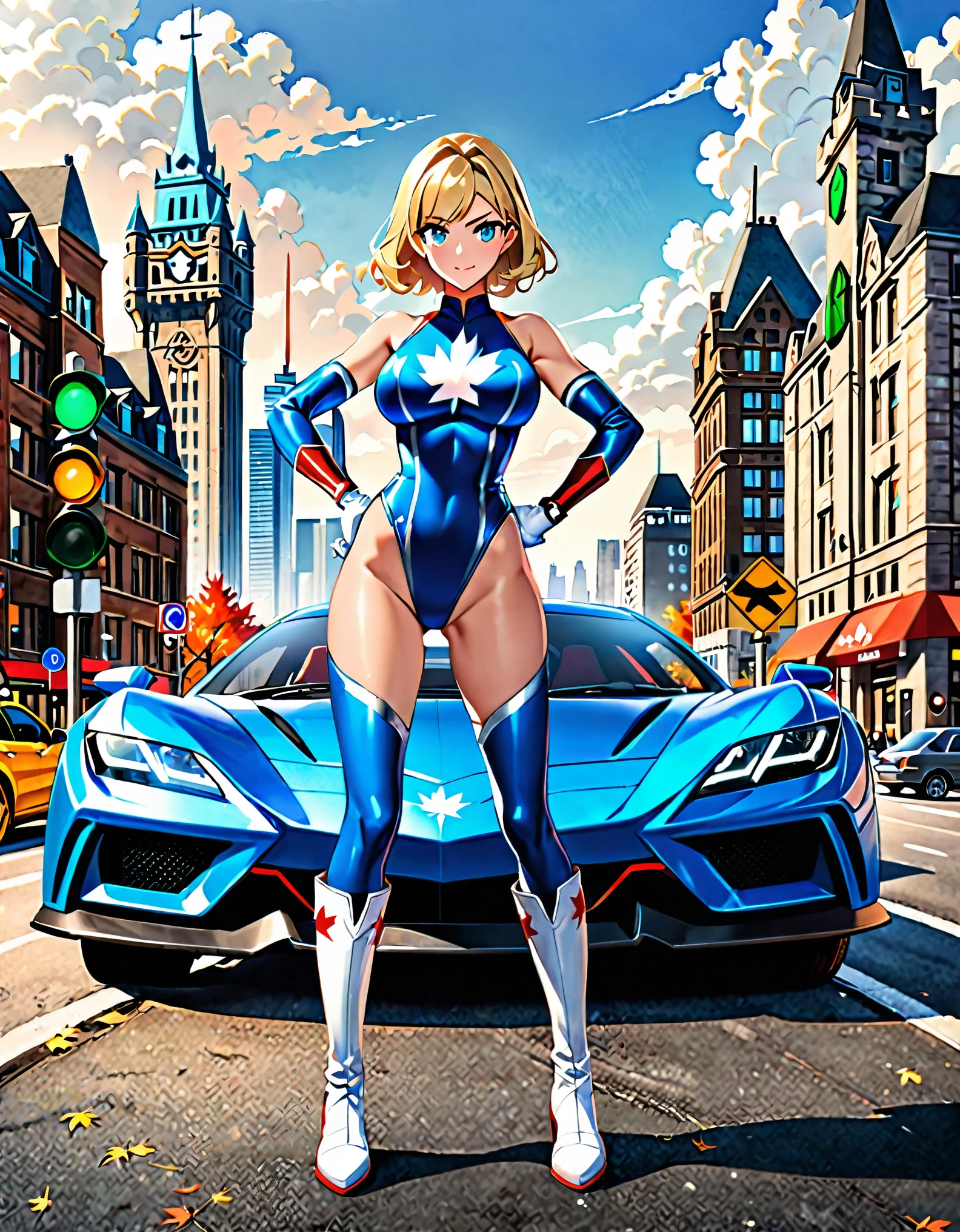 Giraffes in blue costume stand next to a blue car, DC Comics art style, inspired by Joe Jusko, in style of marvel and dc, retro comic art style, DC comics style, inspired by Greg Hildebrandt, stylized digital illustration, you were wrong, harlequin queen, joe biden as batman, diamond plated superhero, in digital illustration style