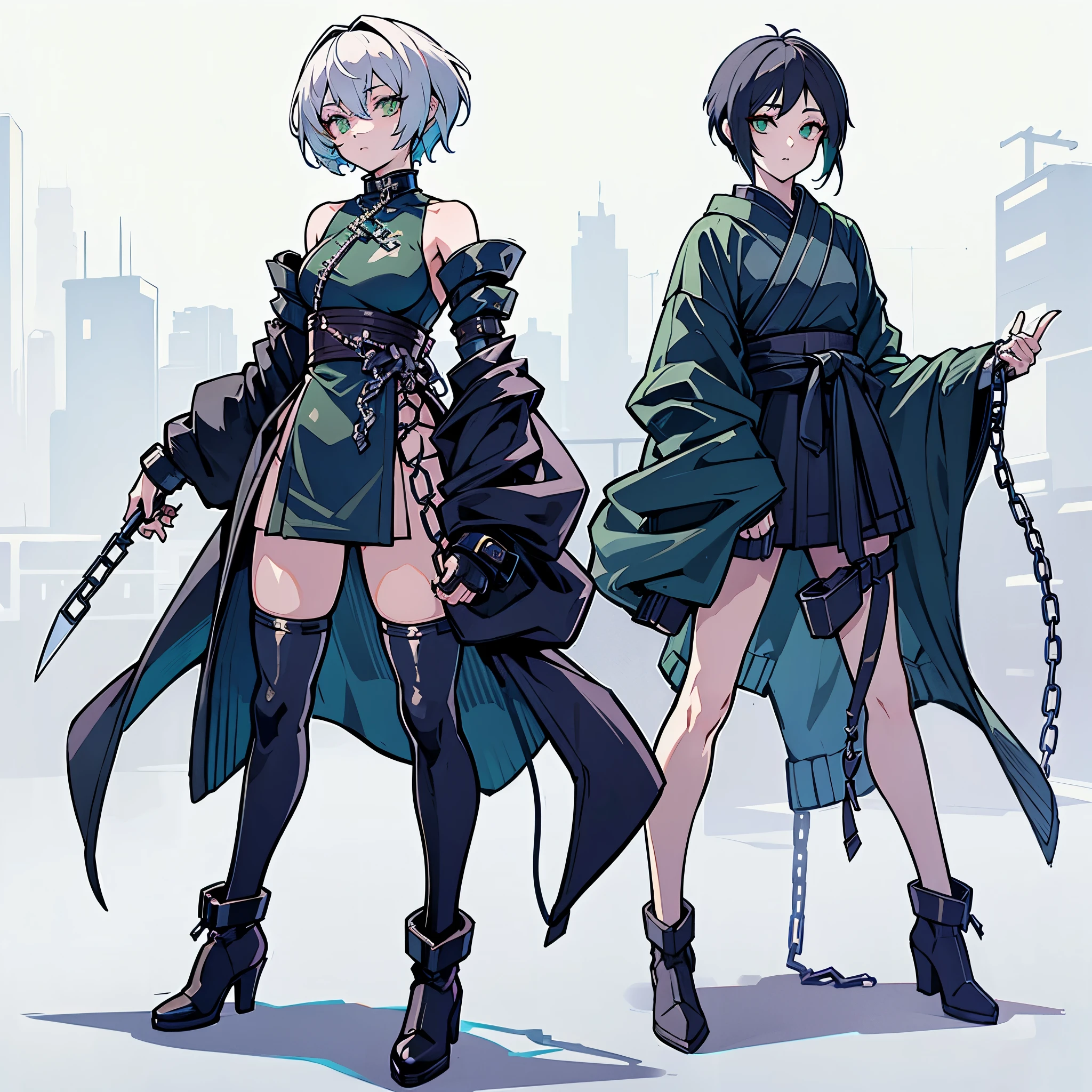 (Masterpiece, top quality), (detailed hair), super detailed, anime style, full body, solo, Cyberpunk ninja girl, medium short White hair, green eyes, wearing cyber kimono, feminine figure, holding chain kunai, chain wrapped rugged gauntlets, high heeled boots, standing wasteland, white background, whole body, chains around, chains everywhere 
