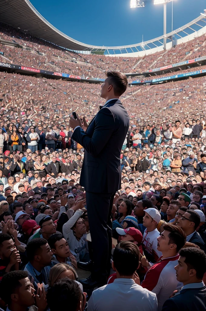 Create a photo of a Christian pastor preaching in a crowded football stadium Photo with lighting and shadow