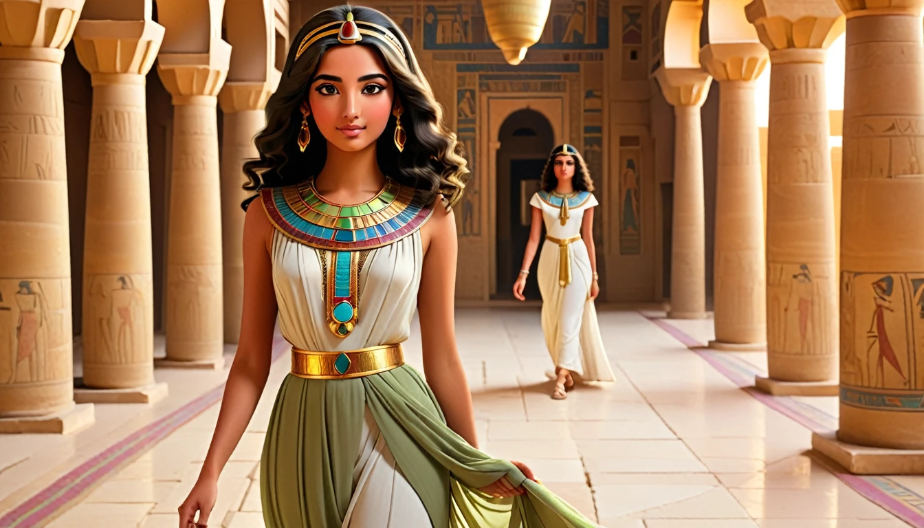 An Egyptian princess from anciant egypt , walking through a luxurious palacein in her late s or early twenties, with olive skin, dark hair, modest dress
