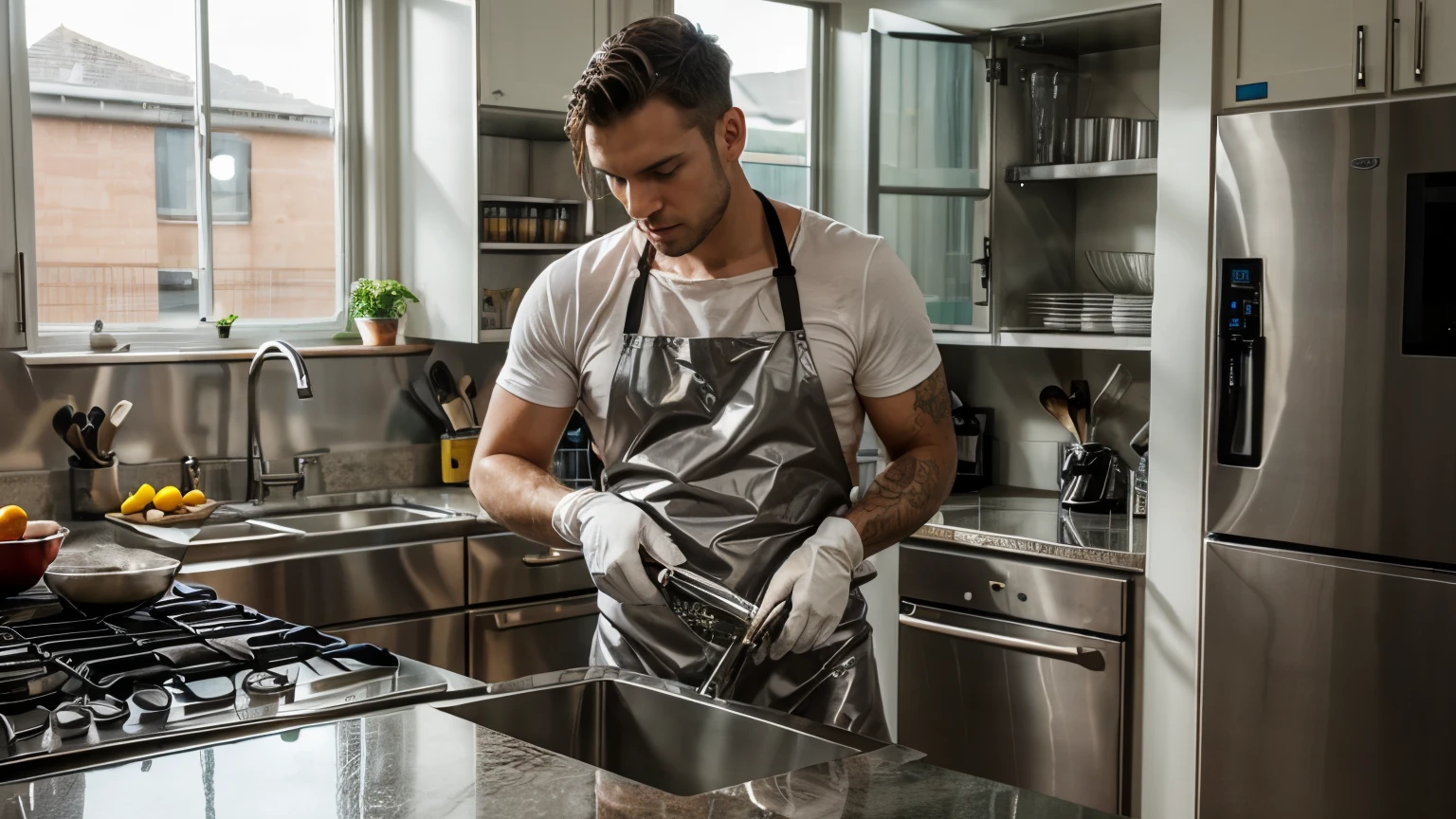 man plumber, fixing the sink, view on the kitchen sink
