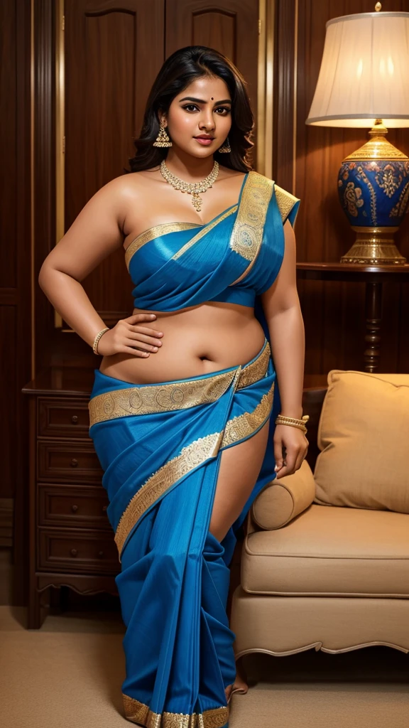 best quality,Masterpiece, perfect face, beautiful indian girls smooth face full body plus size curve wearing strapless bra underwear full figure, fat women bbw,blue juicy lips,seductive saree, wearing saree,
