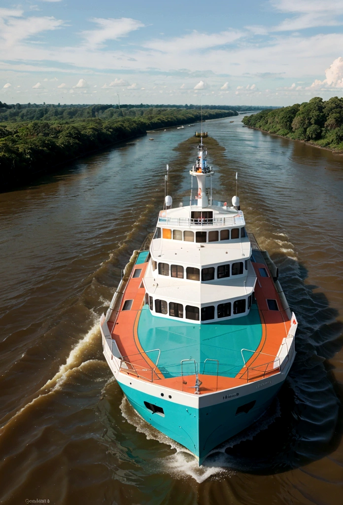 a ferry boat designed to transport passengers on the Amazon rivers in orange and aqua green colors