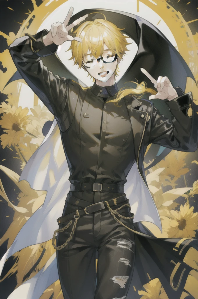 1 boy with yellow hair black glasses jeans black shirt waving ✌️ and smiling with closed eyes