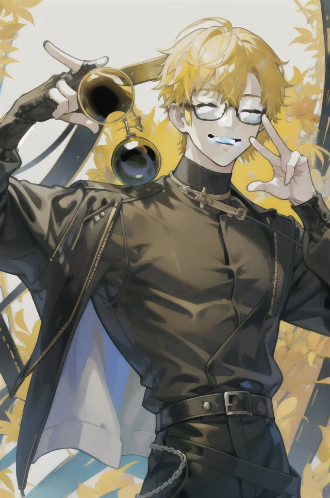 1 boy with yellow hair black glasses jeans black shirt waving ✌️ and smiling with closed eyes