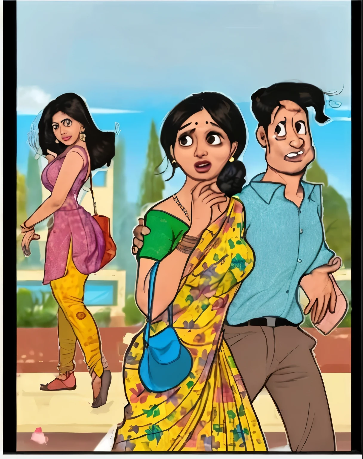 A India husband having expression of shock and fear when his wife noticed that a lady passing by he smiled at him and frowned at her