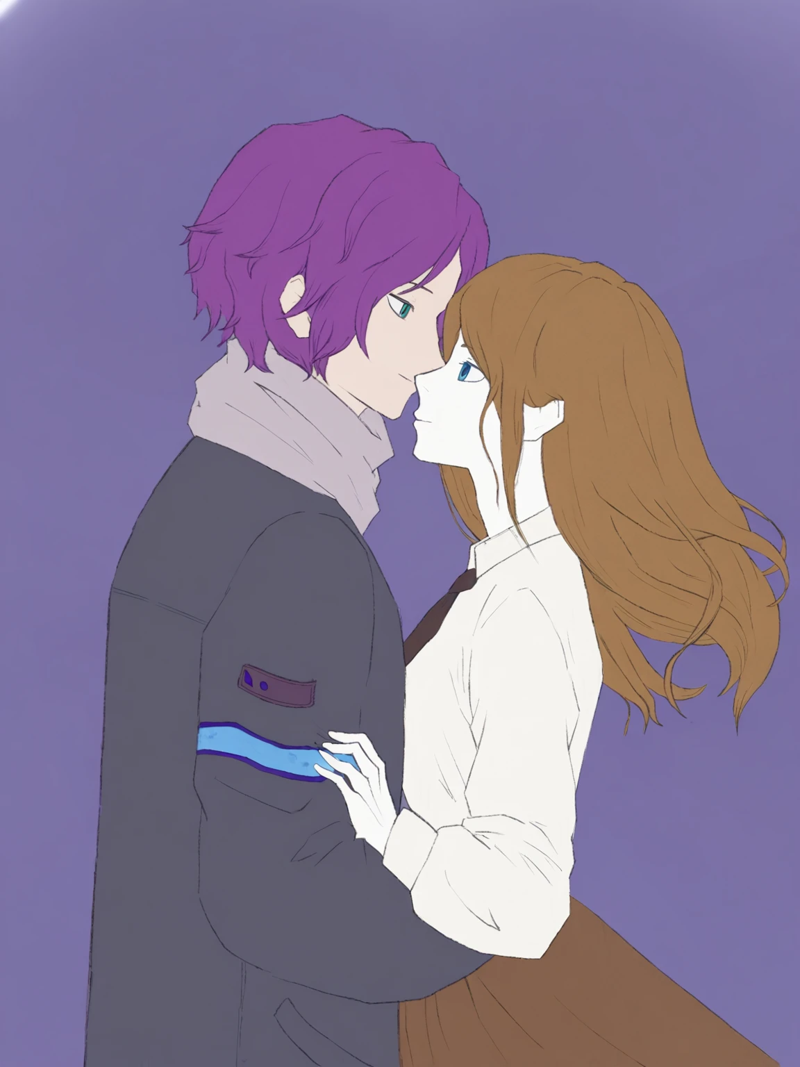Anime couple kissing on purple background, by Kamisaka Sekka, inspired by Kamisaka Sekka, Sasura, full color, Zerochan art, fully colored, high quality fanart, cute kissing together, official fanart, some are purple and blue, by A.Q., from Shingei, Zerochan, digital color, cinematic lightning, high contrast