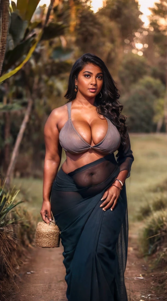 , HDR 8K , single Indian mom in a paddy field carring paddy bundle, (Tall gigantic body of height 7ft ),pretty women , beautiful young face ,  face expression  , women dressed in black saree, tan skinned mom , (( tall mom has voluptuous body, deep belly , curvy folded waist ,  face , cleavage facing visitor: 1.2 , )) , ((carring paddy bundle over the head)) ,  , glomoures figure mom ,big round navel hole , full body . Transparent navel in saree ,clear wide eyes