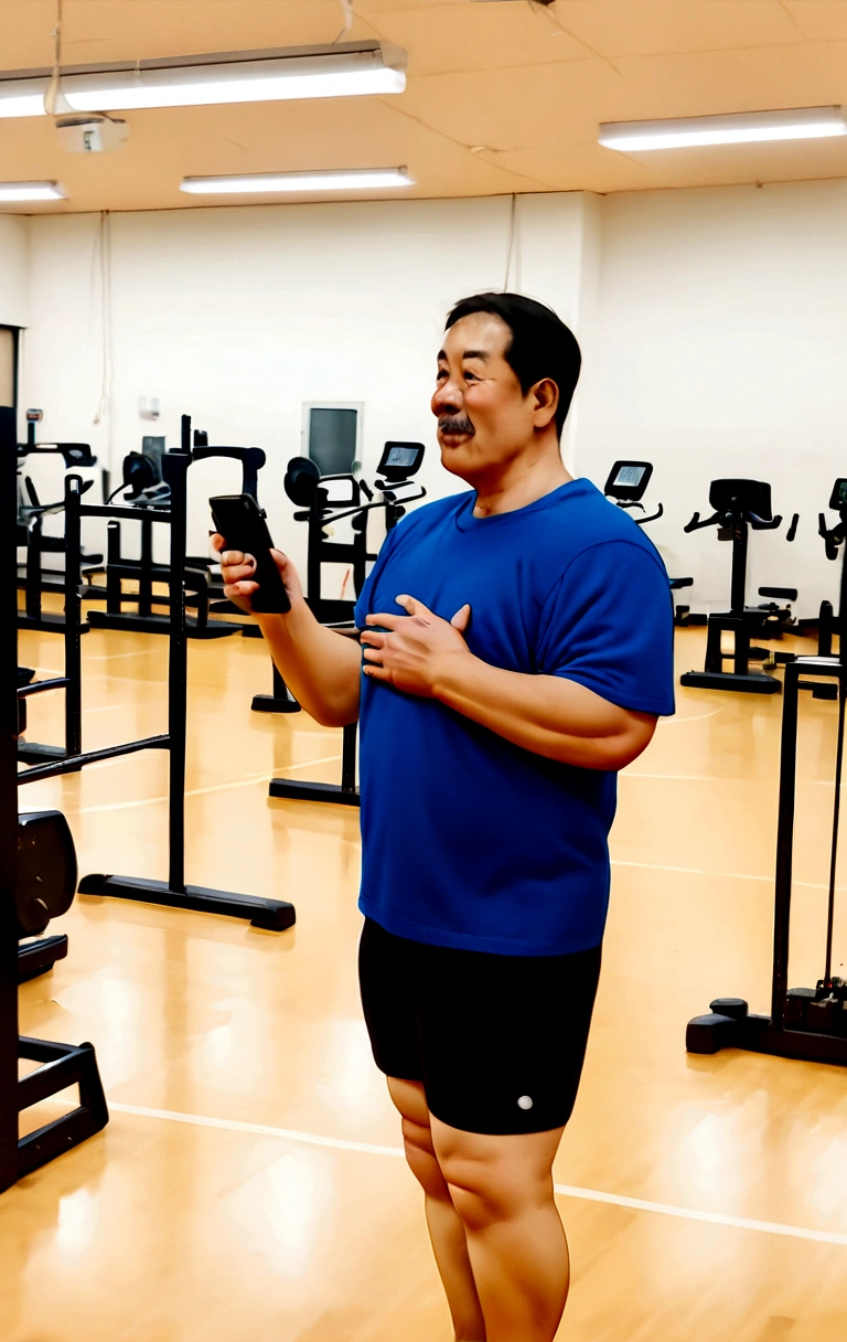 There's a man standing in a room with a cell phone in his hand, Photo adjustment, Full-body image, Jovem com short, very low quality image, blurry image, in a gym, thicc, stood in a lab, full body photo of steve, full body profile camera shot, in good physical shape, wearing shorts and t shirt, very accurate photo Anime styles