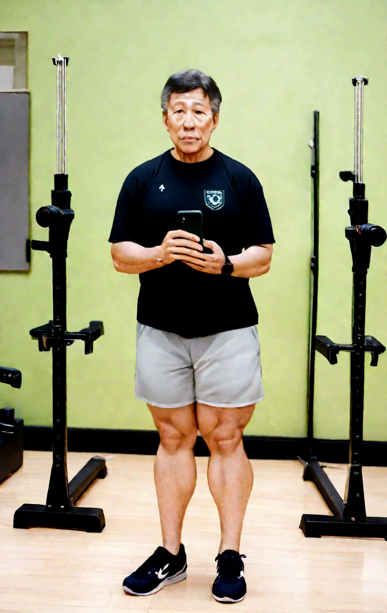 There's a man standing in a room with a cell phone in his hand, Photo adjustment, Full-body image, Jovem com short, very low quality image, blurry image, in a gym, thicc, stood in a lab, full body photo of steve, full body profile camera shot, in good physical shape, wearing shorts and t shirt, very accurate photo Anime styles 