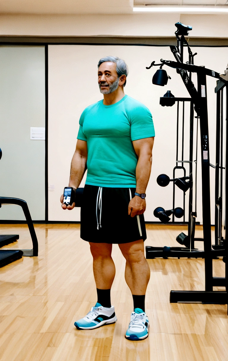 There's a man standing in a room with a cell phone in his hand, Photo adjustment, Full-body image, Jovem com short, very low quality image, blurry image, in a gym, thicc, stood in a lab, full body photo of steve, full body profile camera shot, in good physical shape, wearing shorts and t shirt, very accurate photo Anime styles 