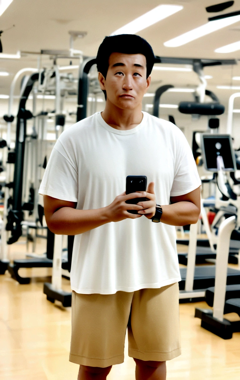 There's a man standing in a room with a cell phone in his hand, Photo adjustment, Full-body image, Jovem com short, very low quality image, blurry image, in a gym, thicc, stood in a lab, full body photo of steve, full body profile camera shot, in good physical shape, wearing shorts and t shirt, very accurate photo Anime styles