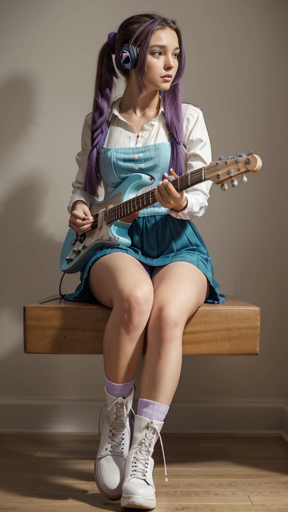 ((masterpiece, best quality))1girl, solo, fashion purple dress modern future, electric guitar, headphones, ponytail, holding, holding plectrum, instrument, very long brown hair rapunzel, music, one side up, teal hair, twin tails, playing guiter, pleated long skirt fashion, fashion dress modern purple and white, interior, full body, purple, sit down in modern retro classic chair, walking, jumping, beautiful boot modern, background simple future