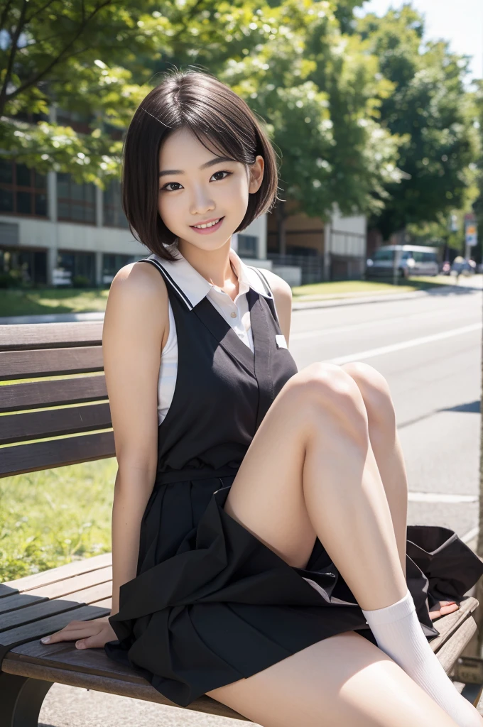 Pure Japanese school girl, sexual attractive, outstanding body, beautiful legs, shiny white skin, wearing loose uniform, panty, natural black short hairstyles, sweet smile, sitting on bench, refreshing in early summer morning, composition from the front,