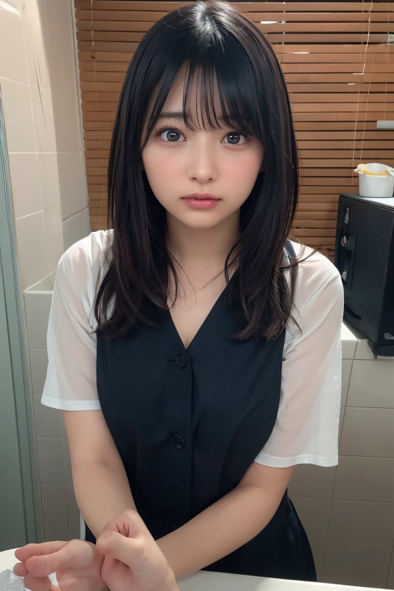 ((Upper Body:1.3)).Blown by the long wind [Blue-black:.3] hair,Looking at the audience, (Tabletop:1.3), (8K, Realistic, RAW Photos, Highest quality: 1.4), Japanese, (1 Girl), Beautiful Face, (Realistic face),{Wavy medium hair|Front hair long bob|short hair with long bangs}{Black hair|Brown hair|Blonde hair}, Beautiful hairstyle, Realistic eyes, Beautiful and beautiful eyes, (Realistic skin), Beautiful Skin, charm, Ultra-high resolution, Surreal, Very detailed, Golden Ratio,Female student peeing in the toilet、shame(Blushing:1.3),Upper Bodyは裸、Nipples sticking out