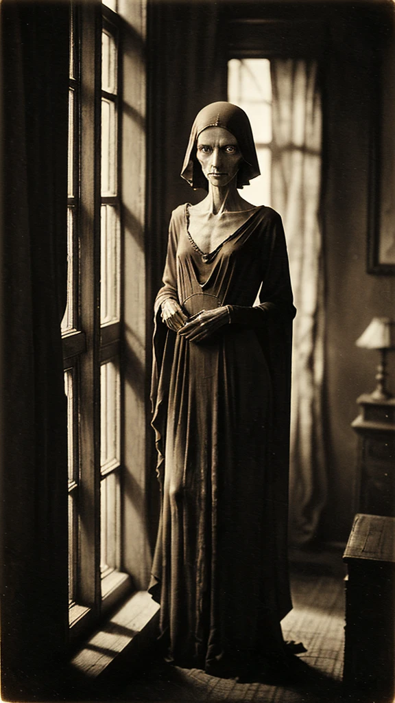 old sepia image circa 1930, hauntingly skinny woman with sunken facial features (eyes glare at viewer, wide eyes), standing in long gown with cleavage in background of room by window, low lighting, spooky shadows, high detail