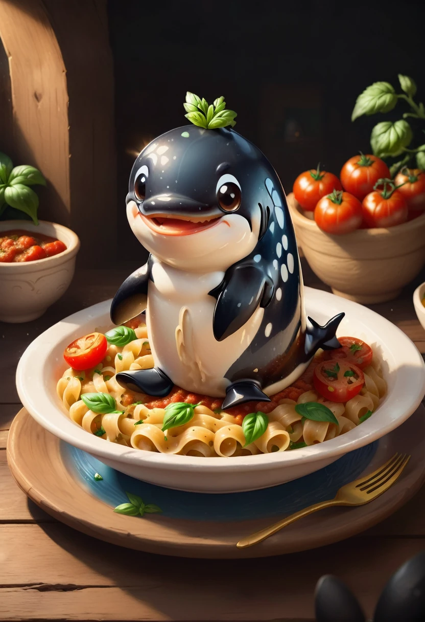 Very cute and attractive anthropomorphic orca pasta., served on a plate,Top with tomato sauce，Western restaurant background，kawaii, looking at the viewer, cinematic lighting, fantasy art, dynamic composition, realistic epic, Award Winning Pet Food Illustration