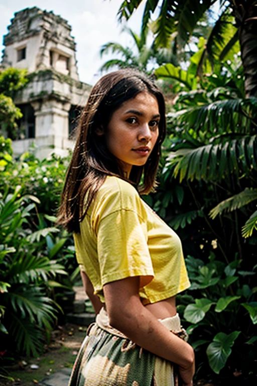Adobe Firefly Prompt: A woman, yellow shirt, portrait shot of the picture 20 mm short 4K + 8k beautiful place fully digital lightPhotography, shot taken with a Nikon D850 with a 35mm lens of a 35year old female jungle explorer dressed in traditional cloths, emerging from the jungle into a open tropical plain with a Mayan temple ruin in the distance. --ar 3:2 --v 5