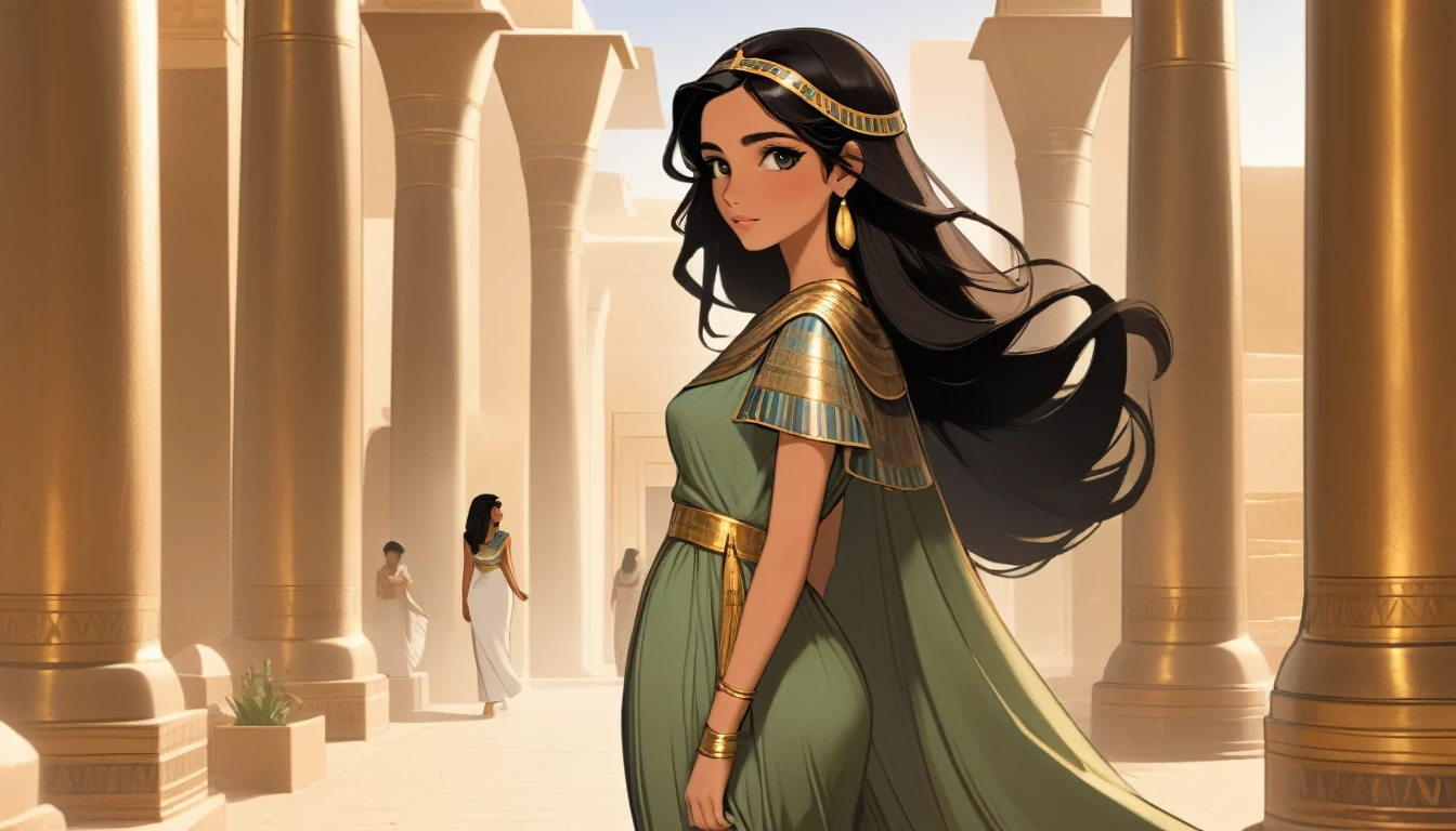 An Egyptian princess from anciant egypt , walking through a luxurious palacein in her late teens or early twenties, with olive skin, dark hair, modest dress
