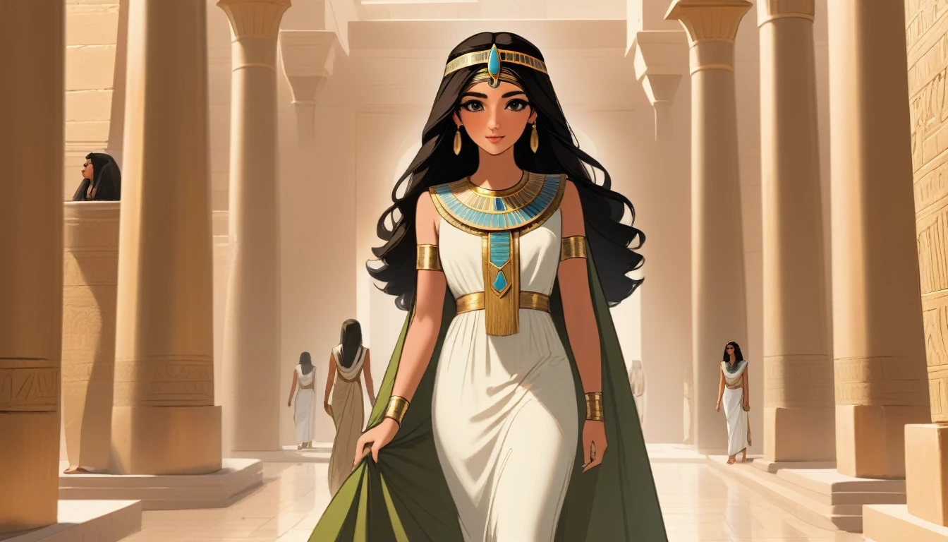 An Egyptian princess from anciant egypt , walking through a luxurious palacein in her late s or early twenties, with olive skin, dark hair, modest dress
