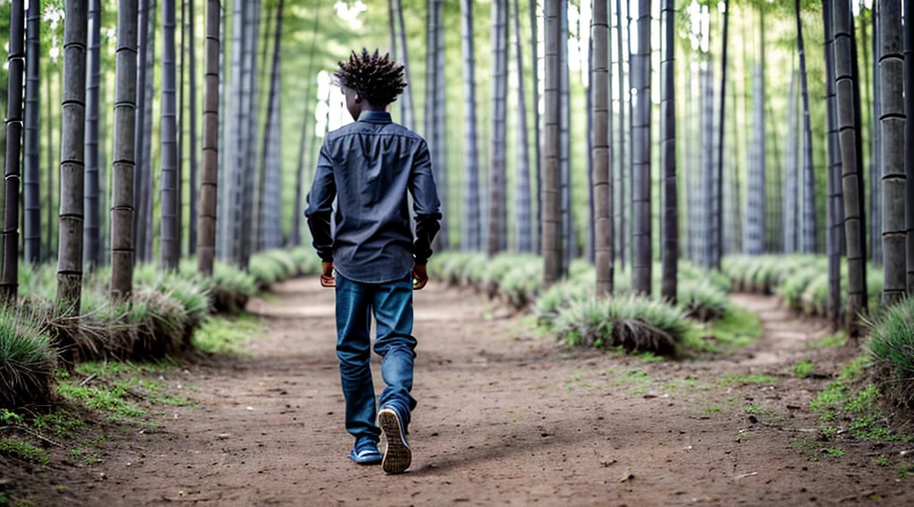 Image of a  black male teenager - wearing a faded dark grey long sleeved shirt - no print - short curly curly hair - wearing faded dull red long pants - running alone on the grass - not wearing shoes - bare feet - with his back to the camera alone in the forest - a Blue morpho butterfly by his side - narrow bamboo forest floor