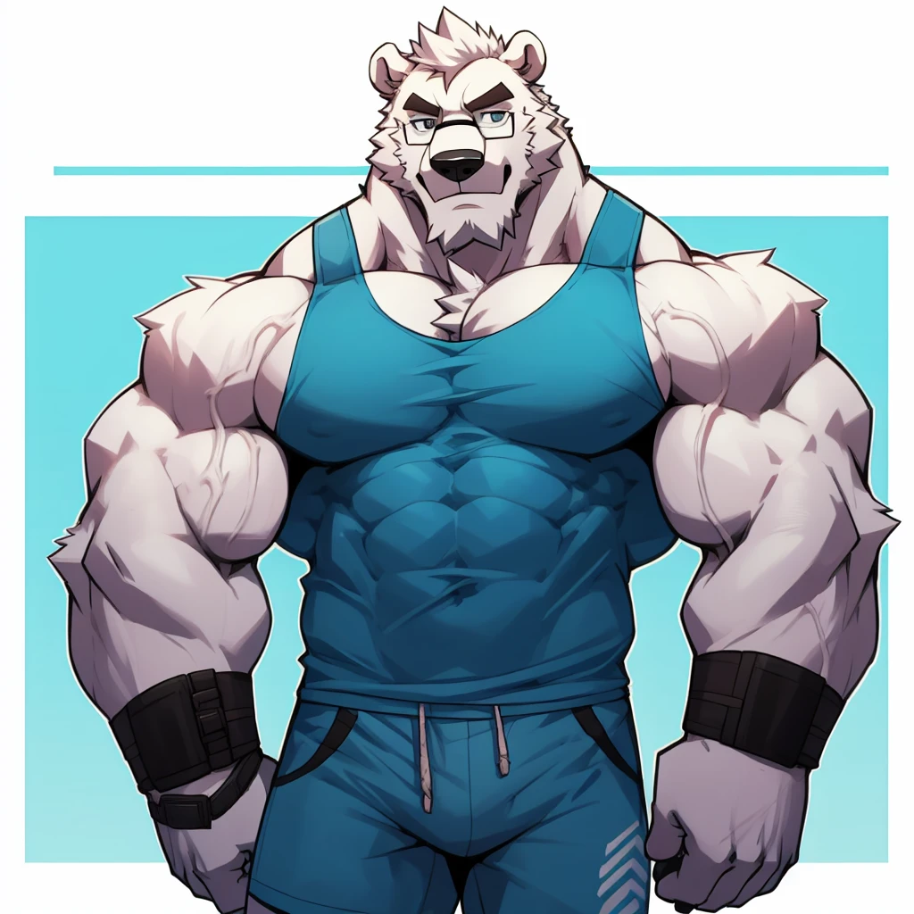 solo, 1boy, Huge Muscular White Polar Bear wearing glasses, huge white fur, pectoral, huge pectoral, wide pectoral, short white hair, blue colored short pants, blue colored wristbands and blue colored tank top, white bearded, white Mustache, white fur, simple background, masterpiece, high detailed, 8k, high resolution, at the tracks, being like Hercules and Zeus, very veiny