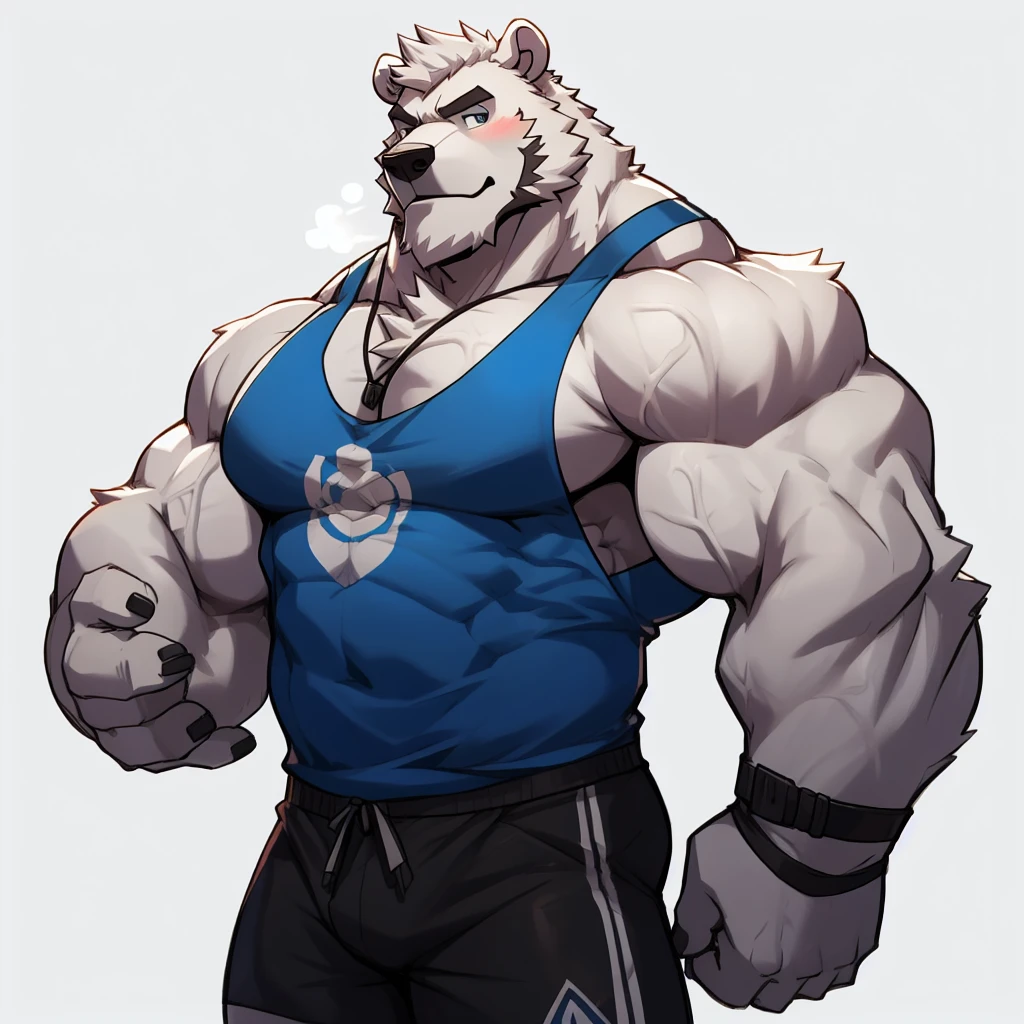 solo, 1boy, Huge Muscular White Polar Bear wearing glasses, huge white fur, pectoral, huge pectoral, wide pectoral, short white hair, blue colored short pants, blue colored wristbands and blue colored tank top, white bearded, white Mustache, white fur, simple background, masterpiece, high detailed, 8k, high resolution, at the tracks, being like Hercules and Zeus, very veiny