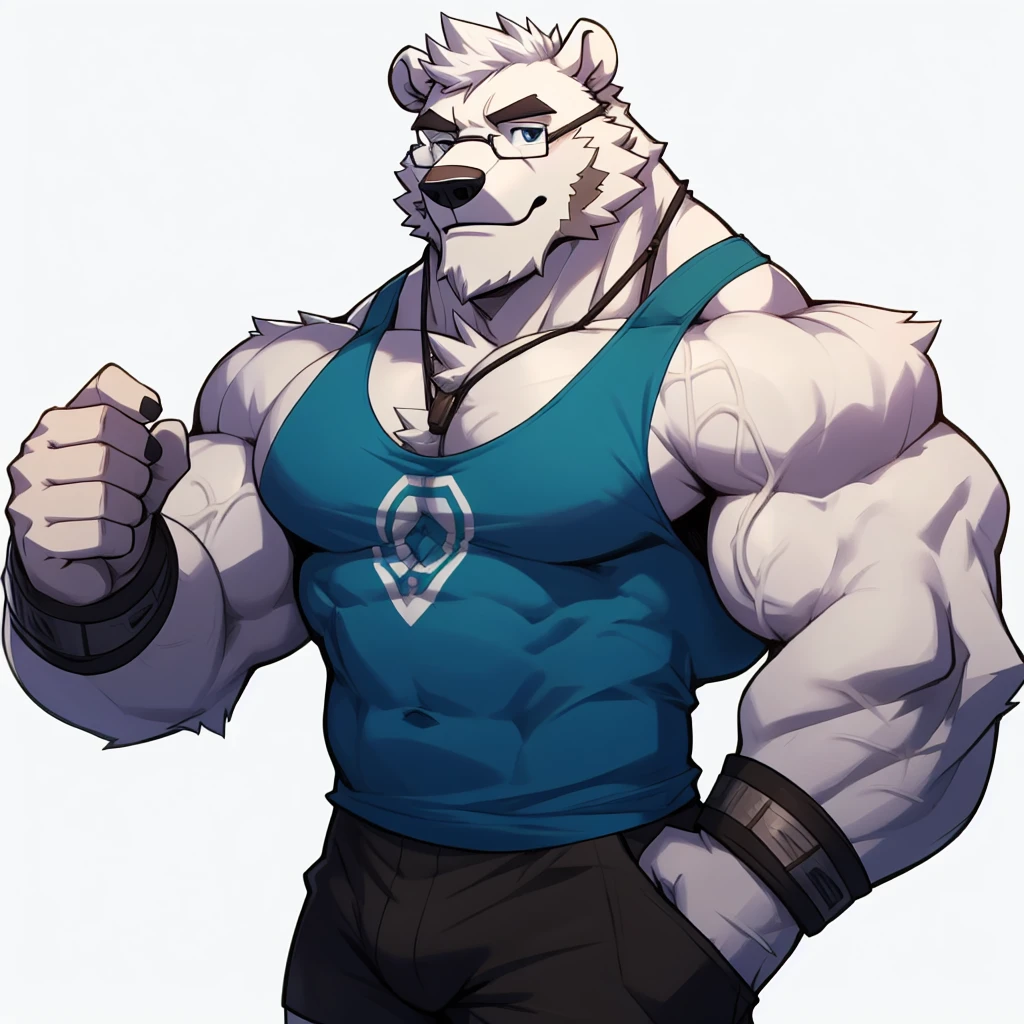 solo, 1boy, Huge Muscular White Polar Bear wearing glasses, huge white fur, pectoral, huge pectoral, wide pectoral, short white hair, blue colored short pants, blue colored wristbands and blue colored tank top, white bearded, white Mustache, white fur, simple background, masterpiece, high detailed, 8k, high resolution, at the tracks, being like Hercules and Zeus, very veiny