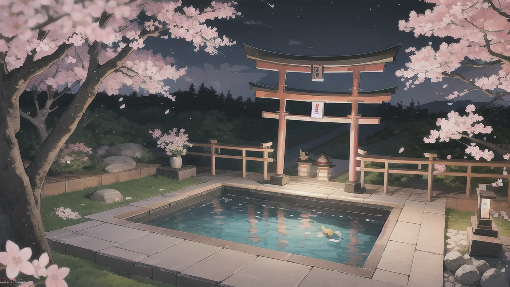 Cute art style, open-air bath, small torii gate, hot spring, evening, cherry blossoms, illustration, background only, Bird's-eye view