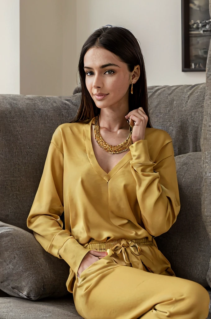 best quality, ((professional photography, raw photo)), incredibly realistic, extremely delicate and beautiful, ultra high resolution, realistic lighting and shading, (realistic image of an extremely beautiful businesswoman, alone),, She is a model and influencer, ( wearing a yellow shirt, thick fabric, with sweatpants), (a necklace with a gold heart), her hair is loose, falling over her shoulders, very professional model, inscrutable smile, (( extremely beautiful representation of the eyes and face )), (incredibly beautiful natural skin texture), precise eyes, precise hands, well-balanced body in general, sitting on the sofa in your luxury living room, in your apartment.