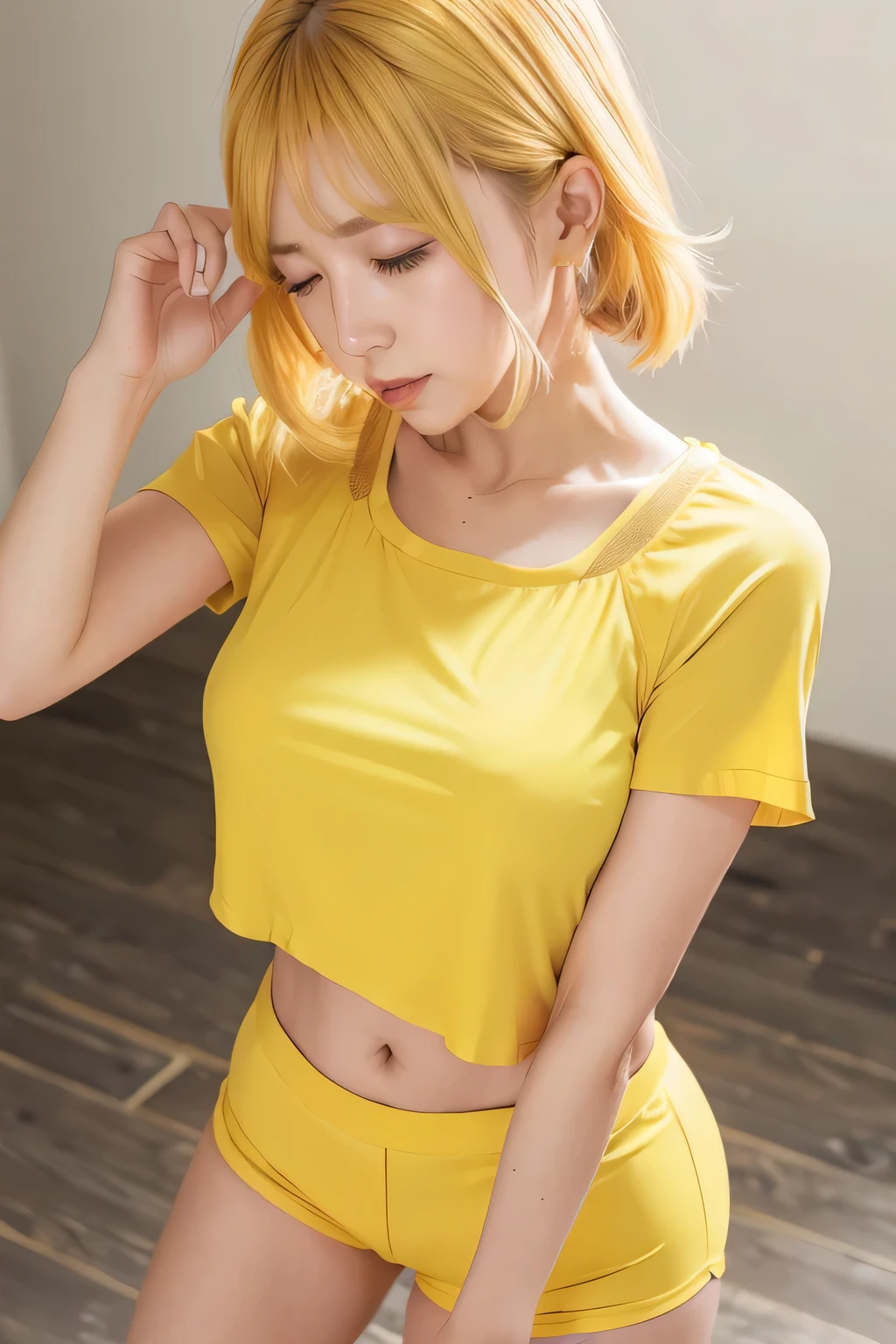 ((yellow short sleeve blouse)),((yellow hot pants)),((sweating a lot)),((Didn't shower)),((There is a cancerous smell from the armpits)),((Smelling odor from the groin)),((I didn’t wash my hair so my hair became matted)),((There's a foul smell coming from my pussy)),((A stinging smell comes from the pee hole.)),((Poop coming from the anus)),((smelly feet)),((innocent)),((Pretty lady))