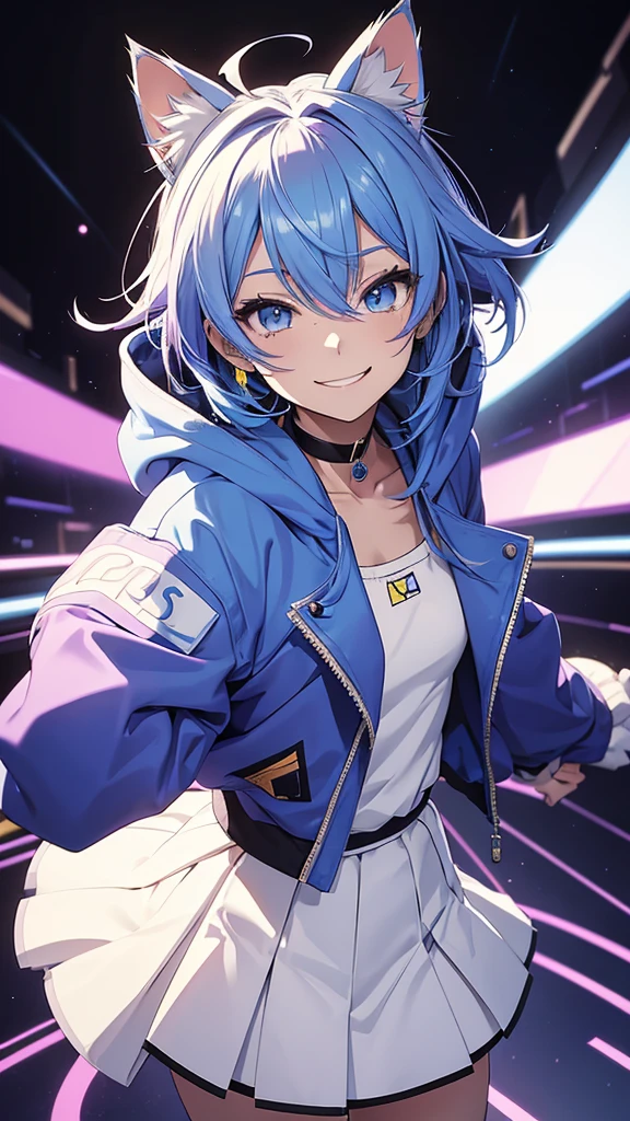 The image depicts an anime-style character with several yellow strands of blue hair, a purple hooded outfit, a white cheer skirt, and a black choker. It has cat ears. The character has a smiling expression and is facing the viewer.