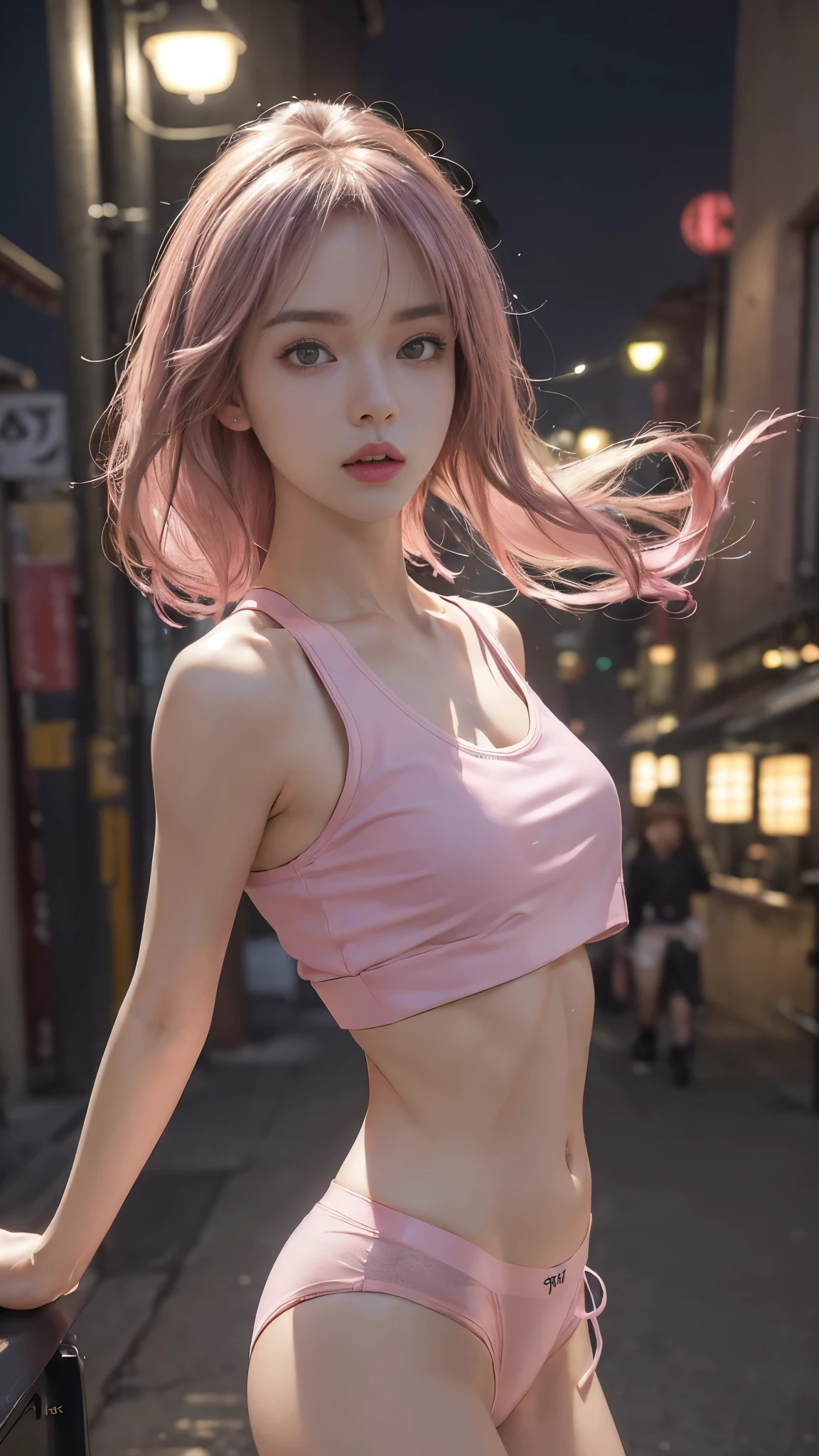 ((Realistic lighting, Best quality, 8K, Masterpiece: 1.3)), Clear focus: 1.2, 1 girl, Perfect Figure: 1.4, Slim Abs: 1.1, See through, tight clothing, ((Japanese)), (panties: 1.4), (Pink crop top: 1.4), (Outdoor, Night: 1.1), City streets, Super fine face, Fine eyes, Double eyelids,