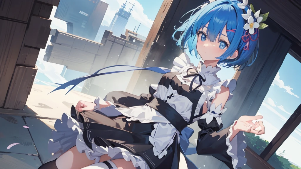 rezeroREM sleep, REM sleep, Blue eyes, blue hair, hair ornament, hair over one eye, hair tape, short hair, x hair ornament,
BREAK apron, black tape, black skirt, black sleeves, separate collar, cut off sleeves, flower, frilled apron, frilled skirt, frill, Wreath on the head, long sleeves, maid, miniskirt, neck tape, purple tape, tape, tape trim, tape-trimmed sleeves, roswaal mansion maid uniform, short hair, skirt, thigh high, waist apron, white apron, white thigh high,
BREAK outdoors, city,
BREAK looking at viewer, 
BREAK (masterpiece:1.2), Best quality, A high resolution, unity 8k wallpaper, (illustration:0.8), (beautiful detailed eyes:1.6), extREM sleepely detailed face, perfect lighting, extREM sleepely detailed CG, (perfect hands, Ideal Anatomy),