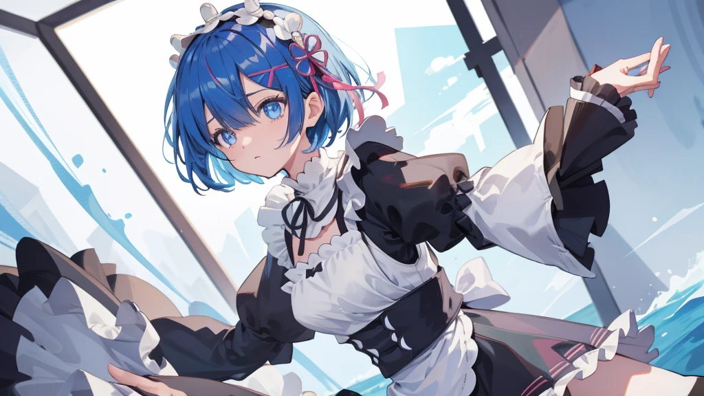 rezeroREM sleep, REM sleep, Blue eyes, blue hair, hair ornament, hair over one eye, hair tape, short hair, x hair ornament,
BREAK apron, black tape, black skirt, black sleeves, separate collar, cut off sleeves, flower, frilled apron, frilled skirt, frill, Wreath on the head, long sleeves, maid, miniskirt, neck tape, purple tape, tape, tape trim, tape-trimmed sleeves, roswaal mansion maid uniform, short hair, skirt, thigh high, waist apron, white apron, white thigh high,
BREAK outdoors, city,
BREAK looking at viewer,
BREAK (masterpiece:1.2), Best quality, A high resolution, unity 8k wallpaper, (illustration:0.8), (beautiful detailed eyes:1.6), extREM sleepely detailed face, perfect lighting, extREM sleepely detailed CG, (perfect hands, Ideal Anatomy),