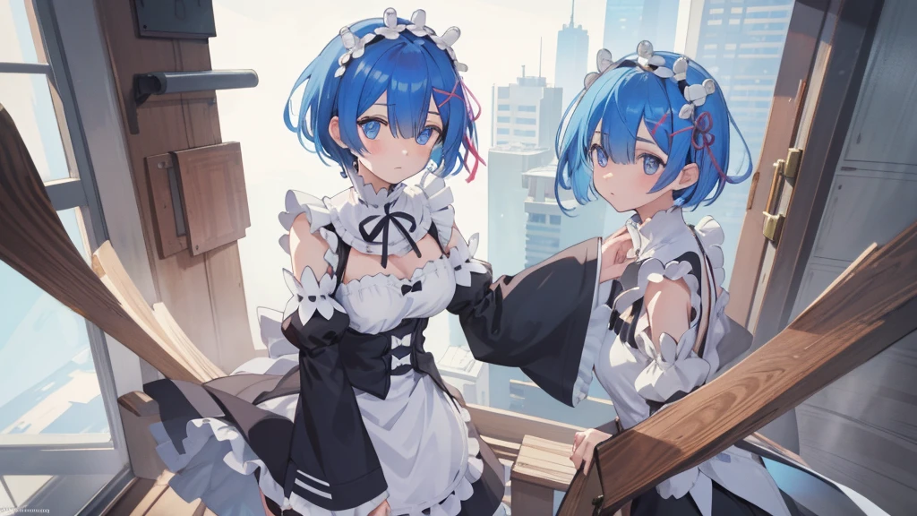 rezeroREM sleep, REM sleep, Blue eyes, blue hair, hair ornament, hair over one eye, hair tape, short hair, x hair ornament,
BREAK apron, black tape, black skirt, black sleeves, separate collar, cut off sleeves, flower, frilled apron, frilled skirt, frill, Wreath on the head, long sleeves, maid, miniskirt, neck tape, purple tape, tape, tape trim, tape-trimmed sleeves, roswaal mansion maid uniform, short hair, skirt, thigh high, waist apron, white apron, white thigh high,
BREAK outdoors, city,
BREAK looking at viewer,
BREAK (masterpiece:1.2), Best quality, A high resolution, unity 8k wallpaper, (illustration:0.8), (beautiful detailed eyes:1.6), extREM sleepely detailed face, perfect lighting, extREM sleepely detailed CG, (perfect hands, Ideal Anatomy),