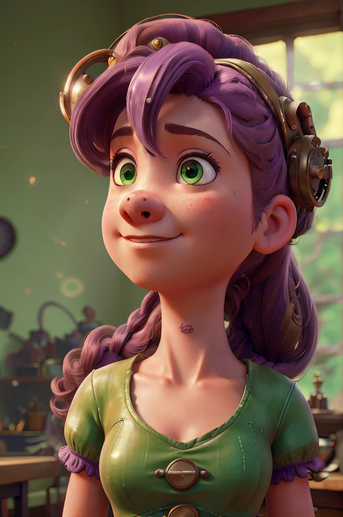 a girl, long purple hair, two pig tail, big green eyes, close up, steampunk dress, in clock room, light smile, ray tracing, reflection light, glowing light, Canon, Fujifilm, from above, Ultra-Wide Angle, bust chart, 16k, 8k, highres, best quality, award winning, high details, high quality, super detail, textured skin, anatomically correct, masterpiece, UHD
