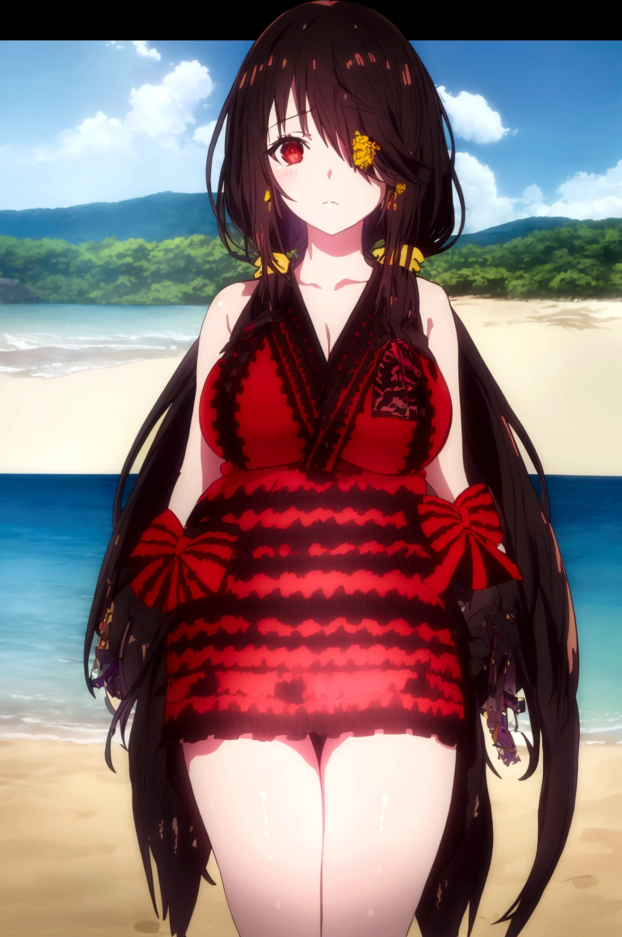 (​masterpiece、top-quality、hight resolution)、 Real life adaption for this character, Masterpiece, high quality, best lighting, cinematic, 1girl, tokisaki kurumi, black hair, low twintails, ((right eye red, left eye yellow)), (kimono), (perfect body), (((big thigh))), looking at viewer, standing, outdoors, at the beach