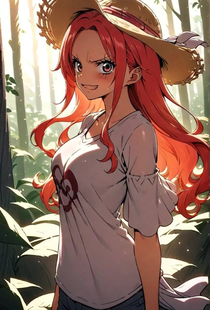 masterpiece, best quality), intricate details, 1 girl, woman, (long red hair), straw hat, Shanks, shanks \(one piece\), scar on face, (long hair) wearing t shirt and pant ((solo)) (black eyes) (detailed eyes)) (female focus) (looking towards viewer) ((standing infront of a forest)) ((long hair)) (blushing) ((ver shy)) (strawhat) ((shot from front)) ((shy pose)) ((very good lighting)) ((red colour hair)) ((she is mature)) ((high detailed)) ((upper body))
...