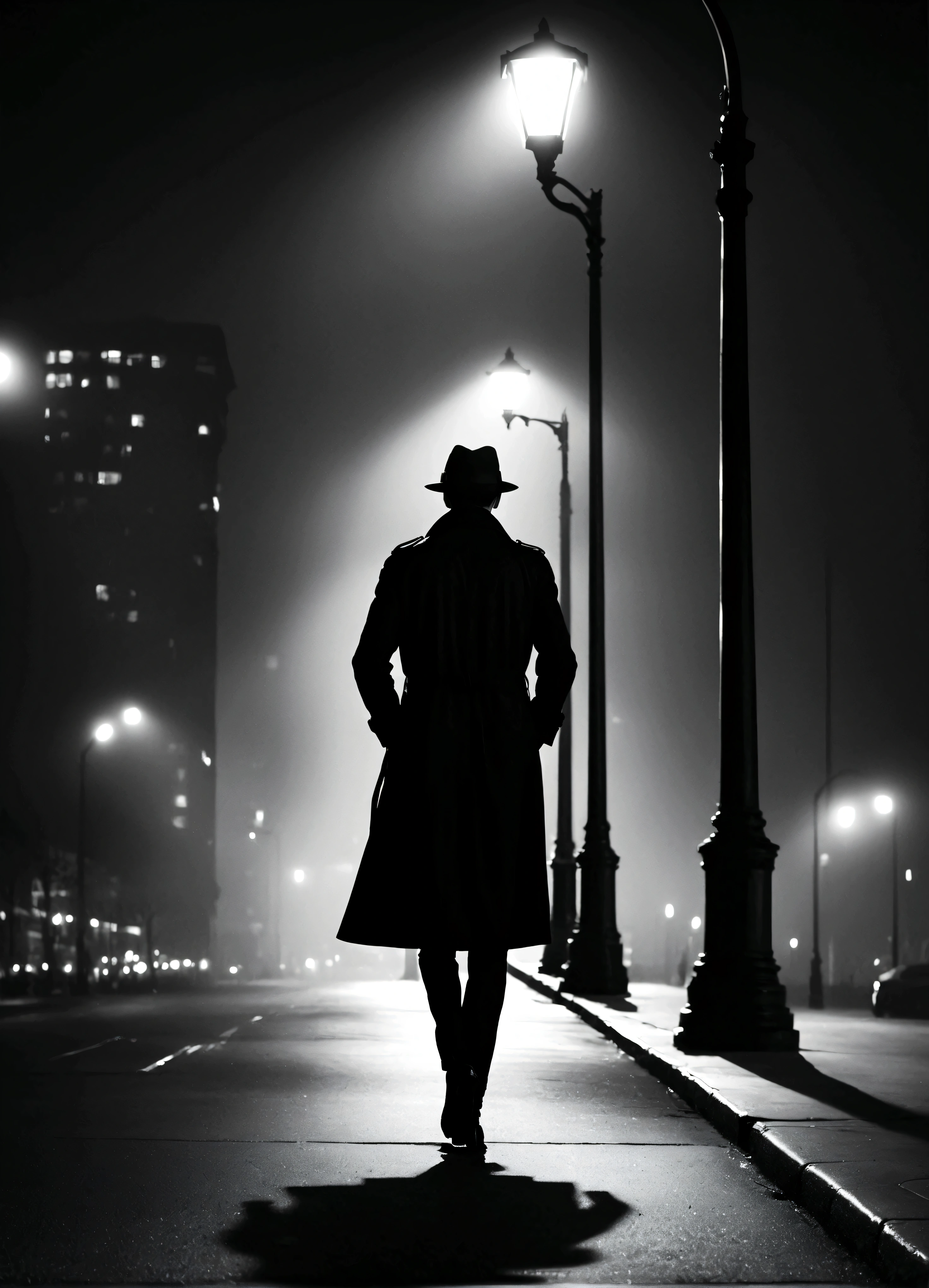 In a monochrome world. The background is a city nightscape, with silhouettes emphasized by the play of light and shadow. A figure in a black trench coat stands under a streetlight, the coat's hem fluttering in the wind. The scene is mysterious and dramatic, reminiscent of a noir film.