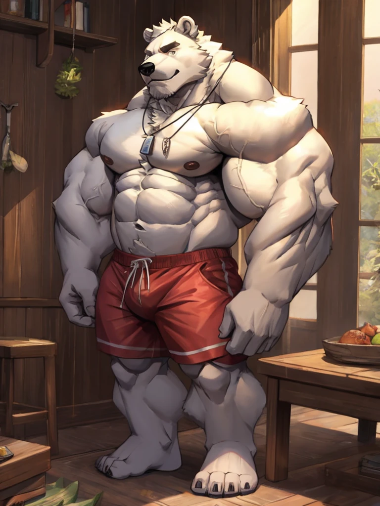  One tall Polar Bear with big muscular body shirtless and topless with white shorts and a dog tag on his neck, veiny