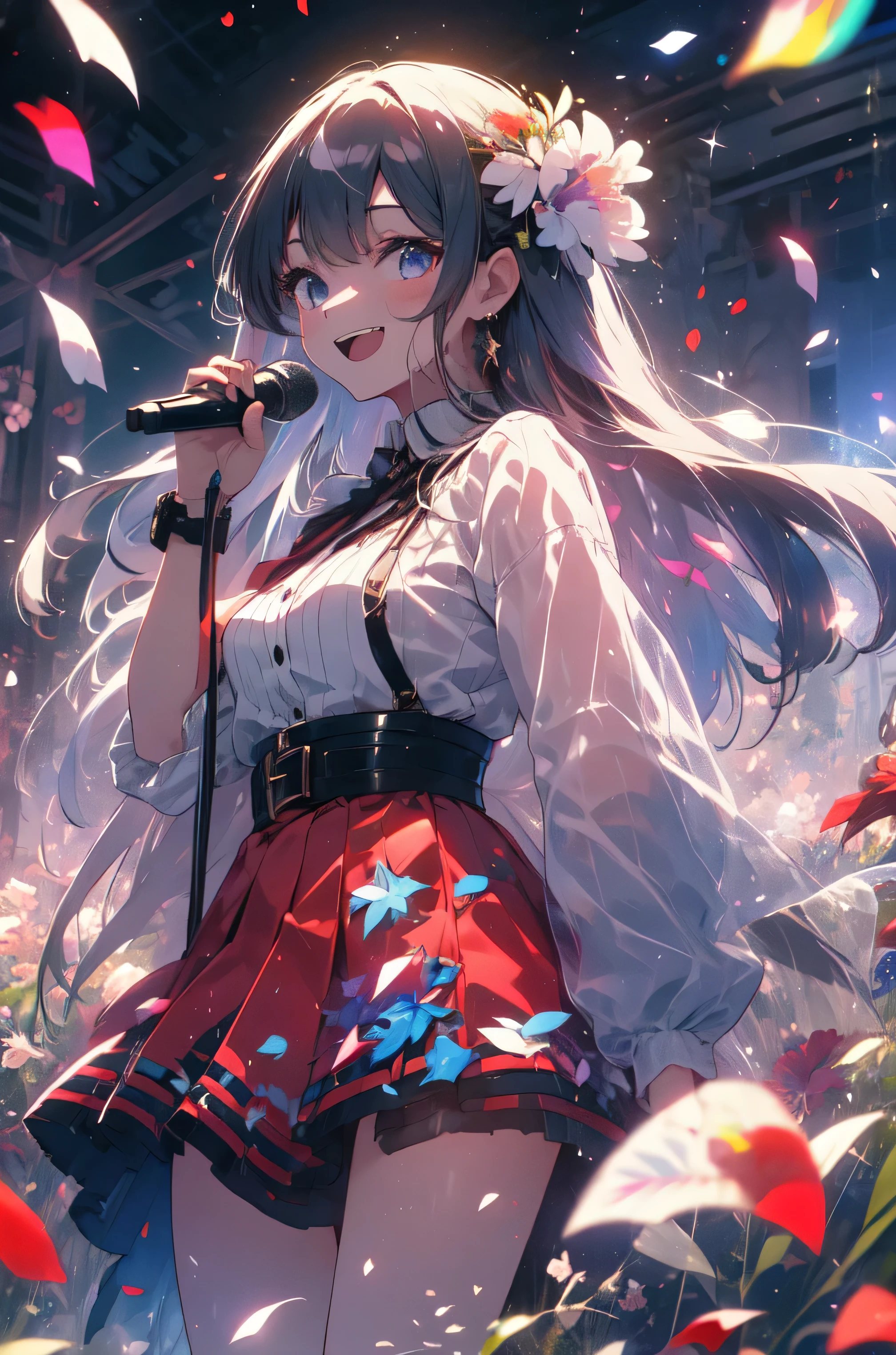 1girl, cowboy shot, on stage, idol, (battle preparation:1.2), open your mouth, (night:1.2), explosive inflammation, glass shards, flower petals, (long hair), mini dress, mini skirt, smiling, singing, highest quality, masterpiece, High resolution, absurdres, uhd