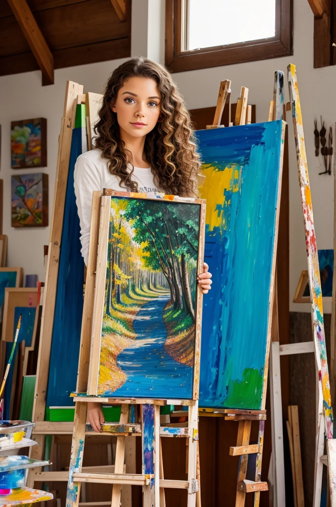 Scene 1: Sophia's Art Studio
Image: A cozy art studio with natural light pouring in through the large windows. Sophia, a young woman with curly brown hair and bright green eyes, stands in front of an easel, paintbrush in hand, lost in thought. Her latest artwork, a vibrant landscape of the Whispering Woods, is on display on the easel. The studio is cluttered with paint tubes, canvases, and art supplies. A few of her finished paintings adorn the walls, showcasing her talent and creativity