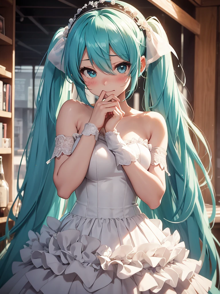 Hot hatsune miku, very cute, very embarrassed, wedding dress, itch