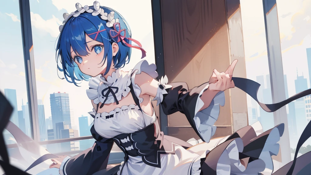 rezeroREM sleep, REM sleep, Blue eyes, blue hair, hair ornament, hair over one eye, hair tape, short hair, x hair ornament,
BREAK apron, black tape, black skirt, black sleeves, separate collar, cut off sleeves, flower, frilled apron, frilled skirt, frill, Wreath on the head, long sleeves, maid, miniskirt, neck tape, purple tape, tape, tape trim, tape-trimmed sleeves, roswaal mansion maid uniform, short hair, skirt, thigh high, waist apron, white apron, white thigh high,
BREAK outdoors, city,
BREAK looking at viewer,
BREAK (masterpiece:1.2), Best quality, A high resolution, unity 8k wallpaper, (illustration:0.8), (beautiful detailed eyes:1.6), extREM sleepely detailed face, perfect lighting, extREM sleepely detailed CG, (perfect hands, Ideal Anatomy),