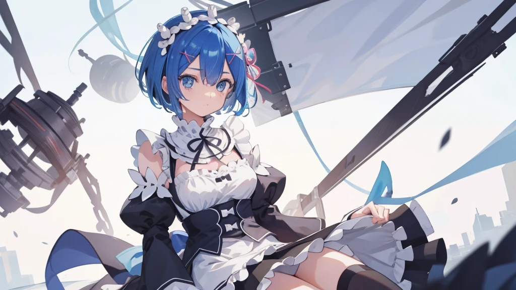 rezeroREM sleep, REM sleep, Blue eyes, blue hair, hair ornament, hair over one eye, hair tape, short hair, x hair ornament,
BREAK apron, black tape, black skirt, black sleeves, separate collar, cut off sleeves, flower, frilled apron, frilled skirt, frill, Wreath on the head, long sleeves, maid, miniskirt, neck tape, purple tape, tape, tape trim, tape-trimmed sleeves, roswaal mansion maid uniform, short hair, skirt, thigh high, waist apron, white apron, white thigh high,
BREAK outdoors, city,
BREAK looking at viewer, 
BREAK (masterpiece:1.2), Best quality, A high resolution, unity 8k wallpaper, (illustration:0.8), (beautiful detailed eyes:1.6), extREM sleepely detailed face, perfect lighting, extREM sleepely detailed CG, (perfect hands, Ideal Anatomy),