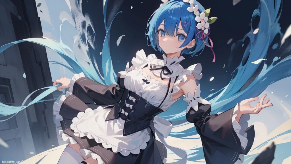 rezeroREM sleep, REM sleep, Blue eyes, blue hair, hair ornament, hair over one eye, hair tape, short hair, x hair ornament,
BREAK apron, black tape, black skirt, black sleeves, separate collar, cut off sleeves, flower, frilled apron, frilled skirt, frill, Wreath on the head, long sleeves, maid, miniskirt, neck tape, purple tape, tape, tape trim, tape-trimmed sleeves, roswaal mansion maid uniform, short hair, skirt, thigh high, waist apron, white apron, white thigh high,
BREAK outdoors, city,
BREAK looking at viewer,
BREAK (masterpiece:1.2), Best quality, A high resolution, unity 8k wallpaper, (illustration:0.8), (beautiful detailed eyes:1.6), extREM sleepely detailed face, perfect lighting, extREM sleepely detailed CG, (perfect hands, Ideal Anatomy),