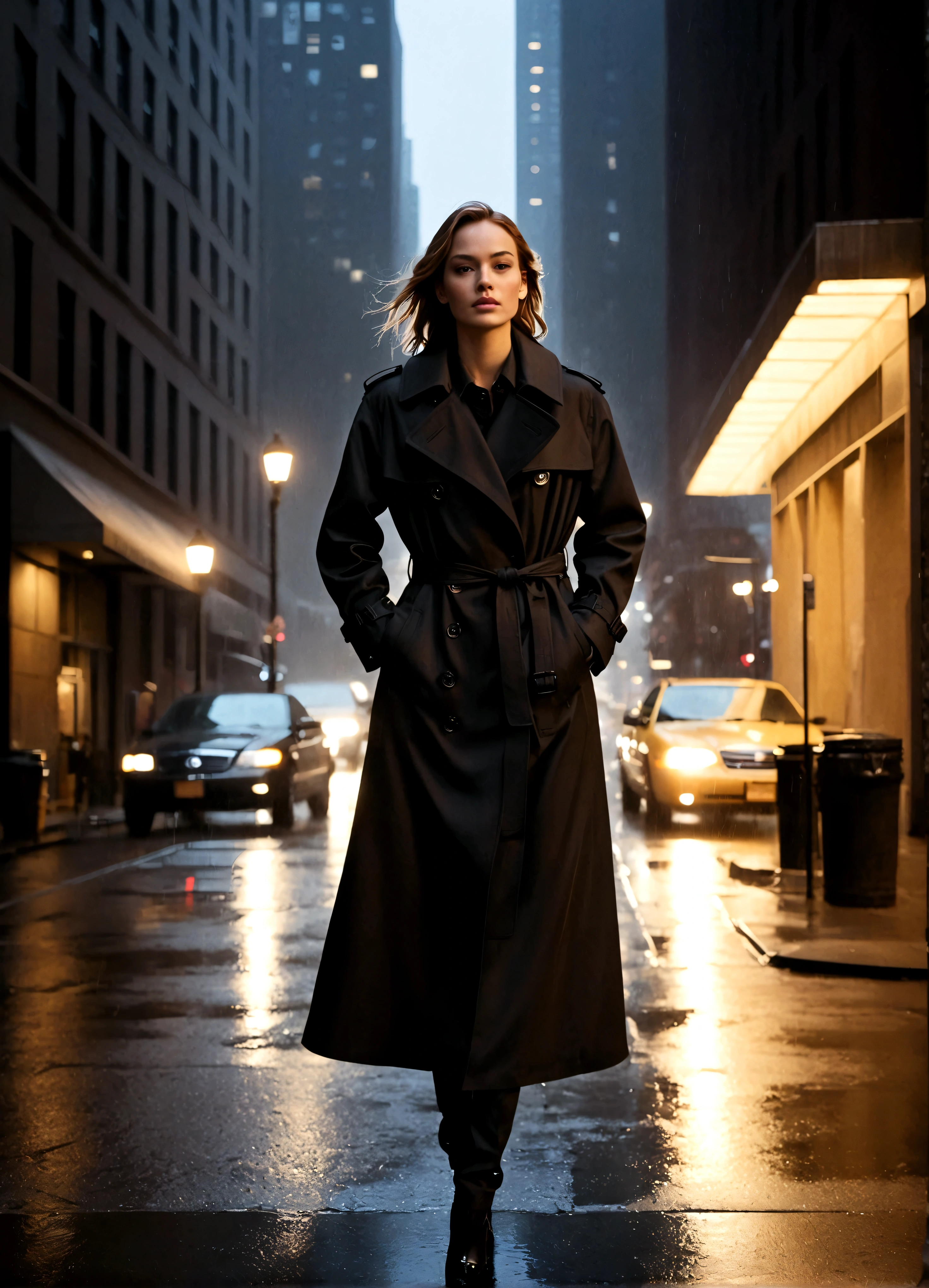 In a monochrome world. The background is New York City's Manhattan, a nighttime street scene. Light spills from the windows of high-rise buildings and neon signs illuminate the streets, reflecting off the wet pavement. A figure in a black trench coat stands under a streetlight, the coat's hem fluttering in the wind. The trench coat is from the renowned brand Burberry, made of a wool and cashmere blend. The scene is mysterious and dramatic, reminiscent of a noir film.
